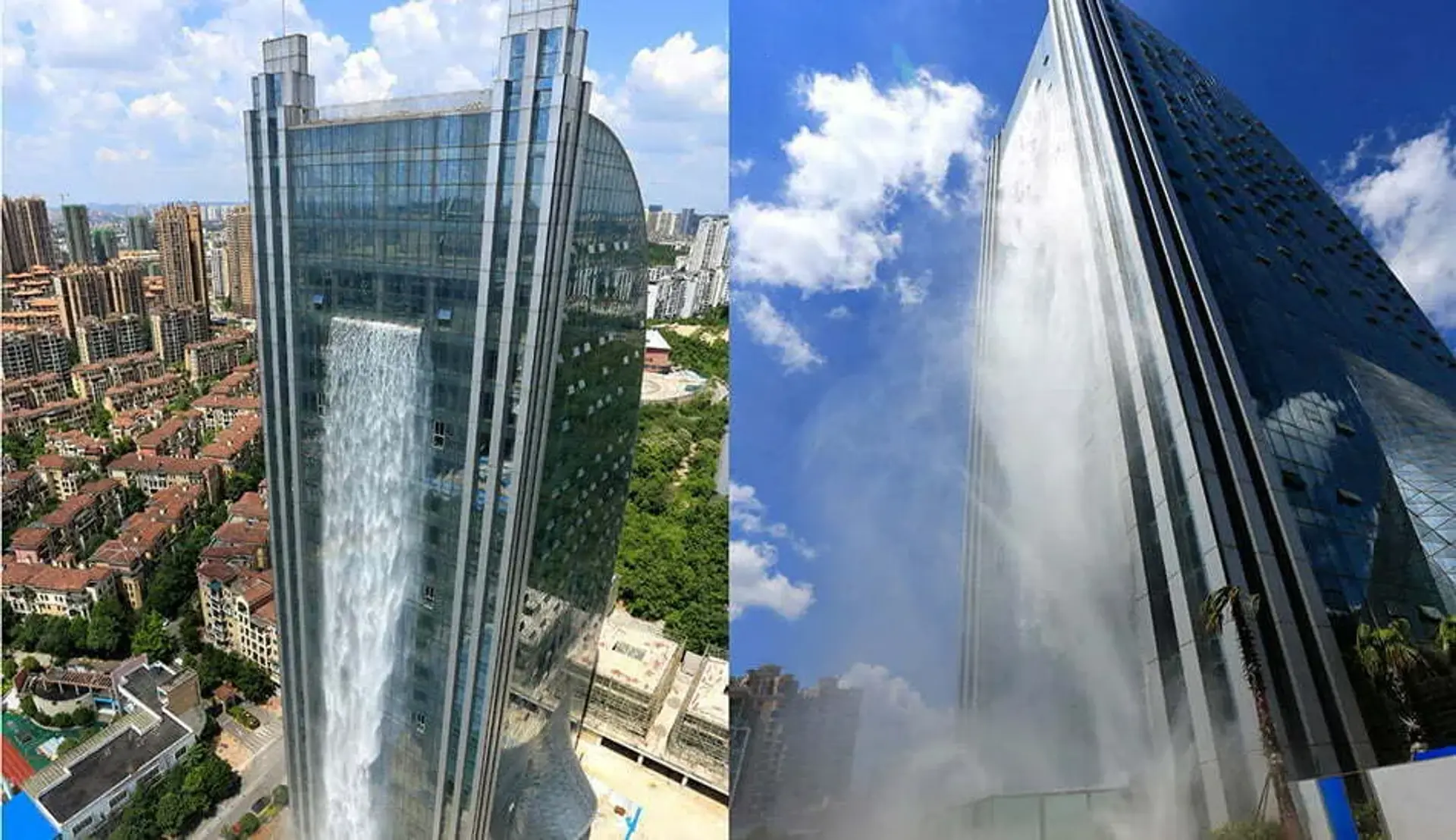 ساخت آبشار باورنکردنی و 100 متری بر فراز یک آسمان‌ خراش در چین