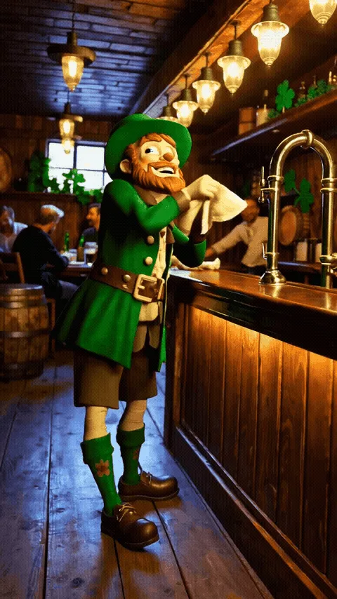 A leprechaun working as a bartender in an Irish pub, serving a beer