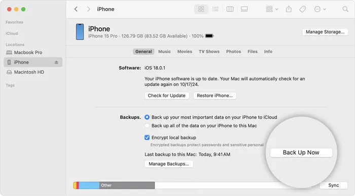 روش ۲: بکاپ با کامپیوتر(Finder یا iTunes)