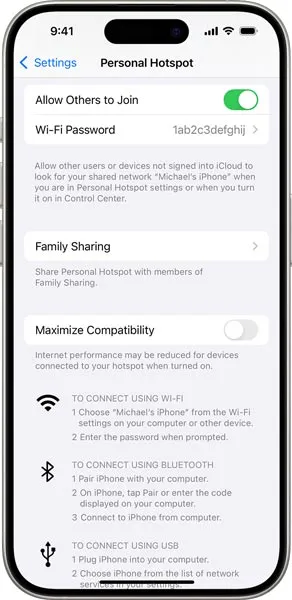 فعال سازی مجدد Personal Hotspot