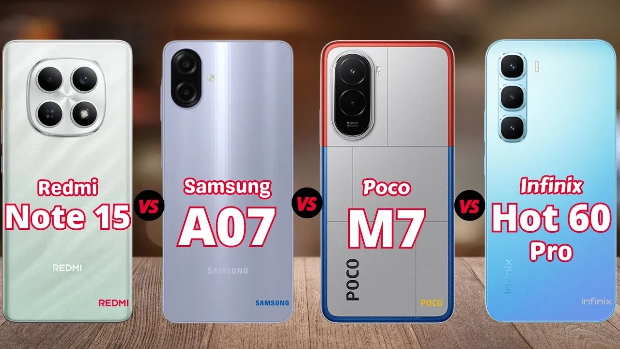 مقایسه گوشی‌های شیائومی پوکو M7 و ردمی نوت 15 و سامسونگ A07 و Infinix Hot 60 Pro | بهترین انتخاب کدام است؟