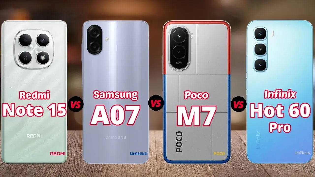 مقایسه گوشی‌های شیائومی پوکو M7 و ردمی نوت 15 و سامسونگ A07 و Infinix Hot 60 Pro | بهترین انتخاب کدام است؟