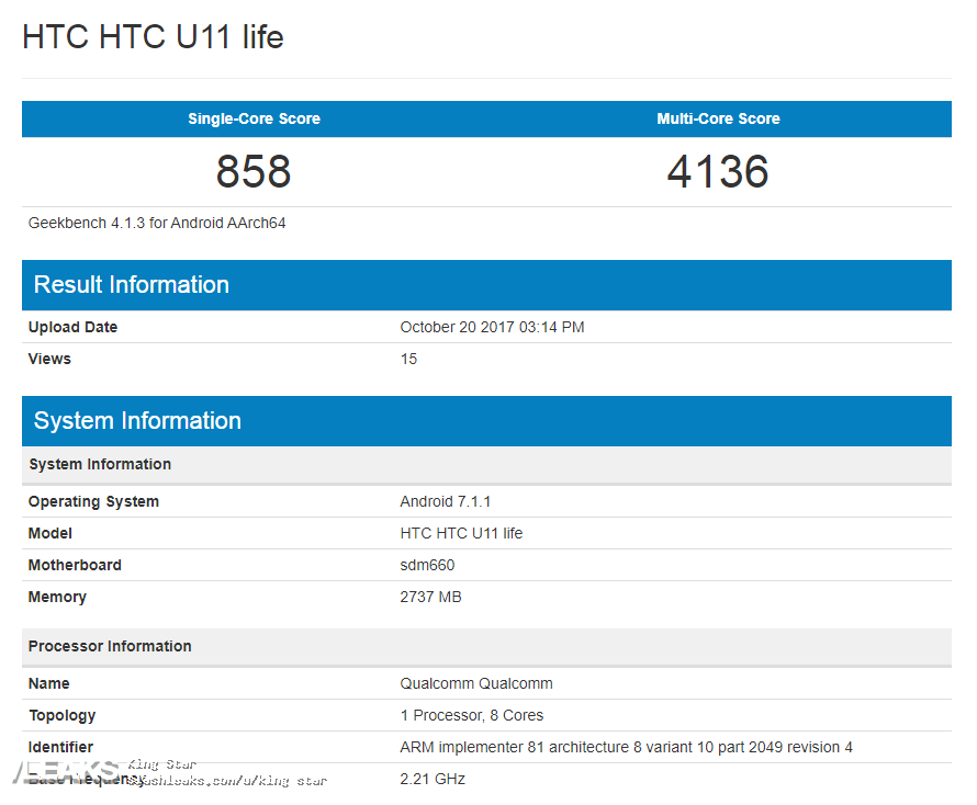 برطبق گفته Geekbench گوشی هوشمند HTC U11 Life با اسنپ دارگون 660 می آید