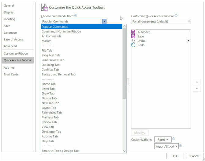 دستورات ابزار سریع مایکروسافت ورد در ویندوز / Quick Access Toolbar Commands in MS In MS Word in Windows