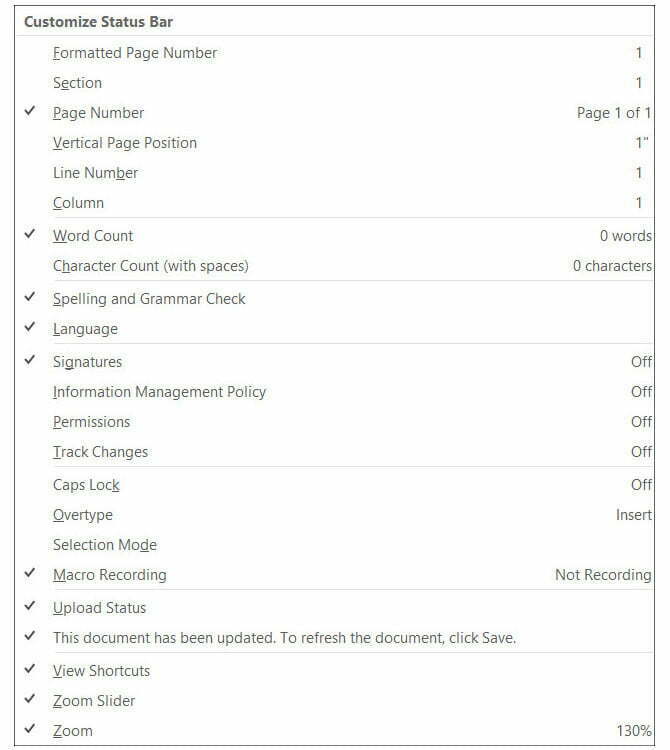 تنظیمات مربوط به نوار وضعیت در برنامه مایکروسافت ورد / Status Bar Setting in Microsoft Word