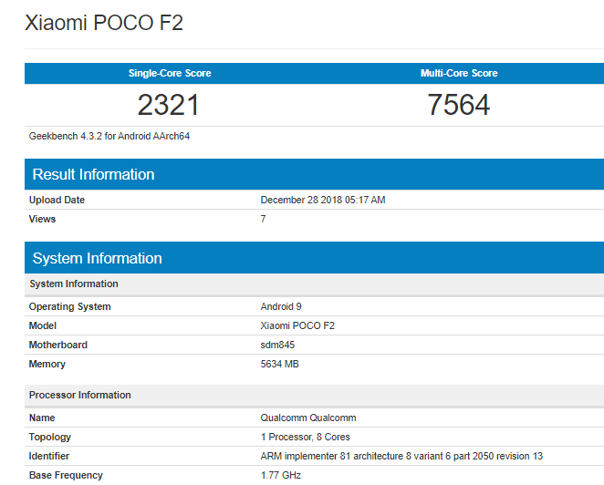 Poco F2 in Geekbench/ پوکوفون F2 در گیکبنچ