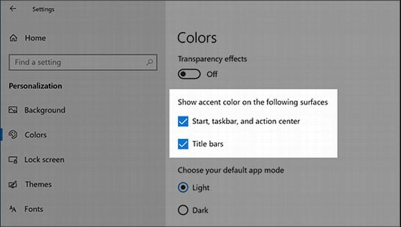 تنظیمات رنگ آپدیت جدید ویندوز 10/Personalization>Colour