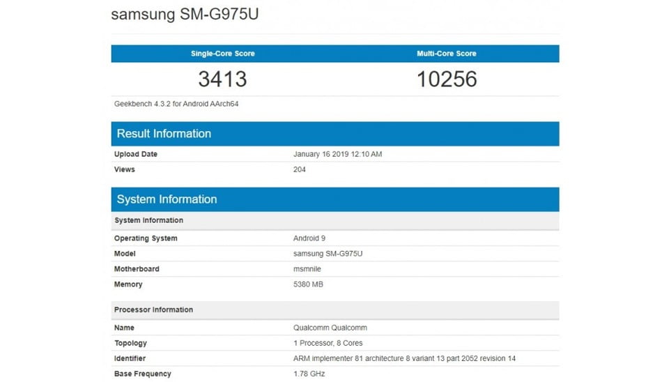 گزارش بنچمارک سامسونگ گلکسی اس 10 پلاس / samsung glaxy s10 plus geekbench sheet