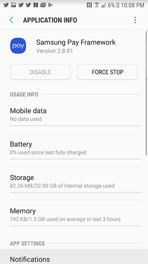 توقف اضطراری برنامه سامسونگ پی در اندروید / force stop in android