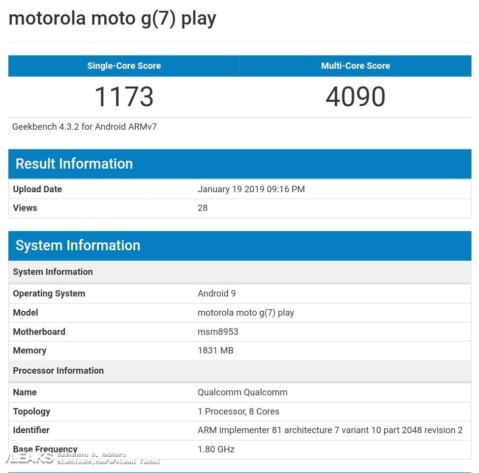 مشخصات موتو جی 7 پلی در گیکبنچ/ moto g7 play geekbench