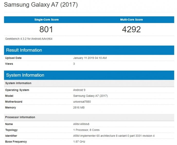Samsung Galaxy A7(2017) running Android 9 Pie on Geekbench/سامسونگ گلکسی A7 مدل ۲۰۱۷ مجهز به آپدیت اندروید ۹ پای در گیکبنچ