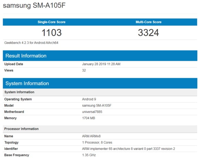 samsung galaxy a10 benchmark / بنچمارک گیکبنچ سامسونگ گلکسی A10 