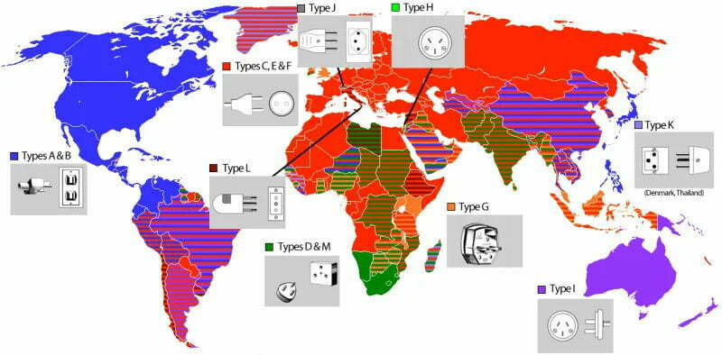 Global map for different plug types / نقشه انواع پریزهای مورد استفاده