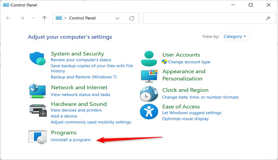 حذف برنامه در ویندوز 11 با Control Panel