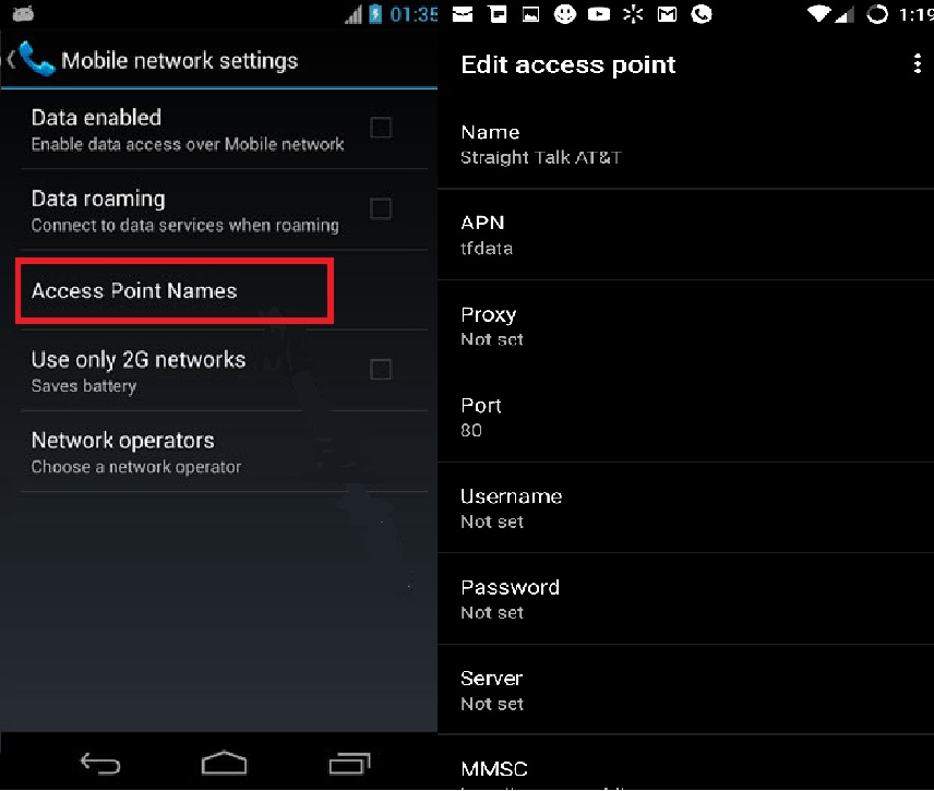 تنظیم apn / رفع ارور not registered on network