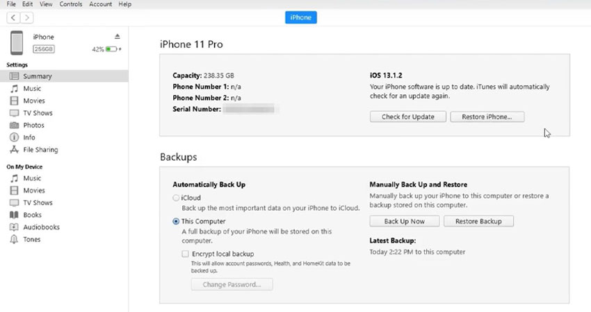 استفاده از iTunes برای بازیابی شماره ها