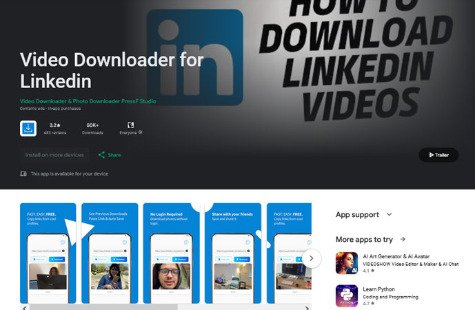 برنامه Video Downloader for Linkedin