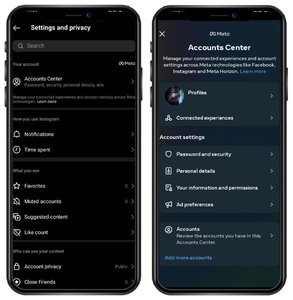 انتخاب گزینه Account Center