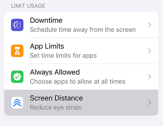 انتخاب اسکرین تایمینگ برای فعالسازی Screen Distance در iOS 17